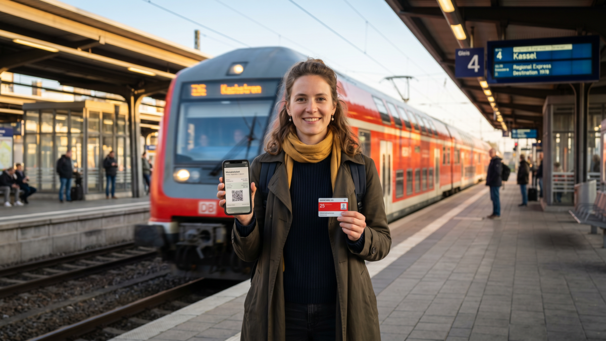 Pendlerin mit Deutschlandticket auf Smartphone und BahnCard 25 am Bahnhofsgleis 2026