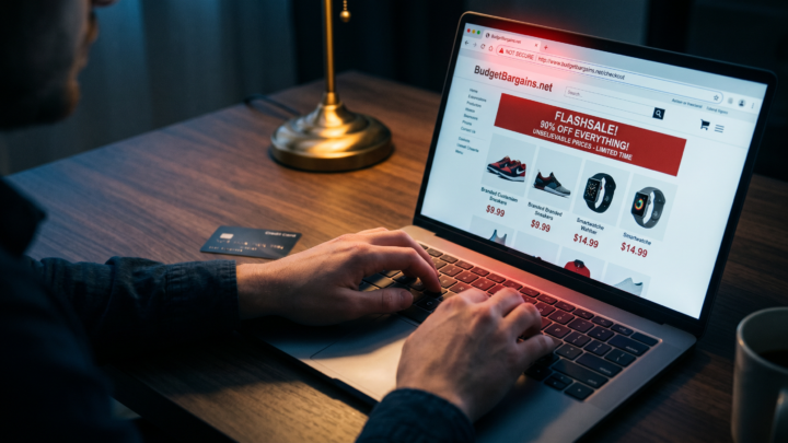 Verdächtige Fake-Shop-Webseite am Laptop – 8 Warnzeichen für Online-Betrug erkennen