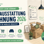 Illustration zur Erstausstattung Wohnung 2026 mit Umzugskartons, Checkliste und Budget-Tipps
