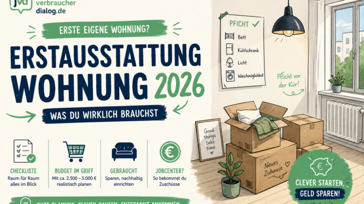 Illustration zur Erstausstattung Wohnung 2026 mit Umzugskartons, Checkliste und Budget-Tipps