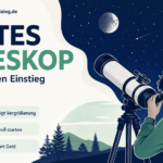 Illustration eines Jugendlichen mit Teleskop unter Sternenhimmel als Titelbild für erstes Teleskop 2026