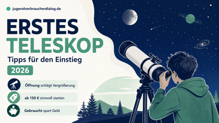 Illustration eines Jugendlichen mit Teleskop unter Sternenhimmel als Titelbild für erstes Teleskop 2026