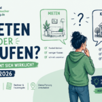 Infografik zur Entscheidung mieten oder kaufen 2026 mit Vergleich von Wohnung mieten und Haus kaufen