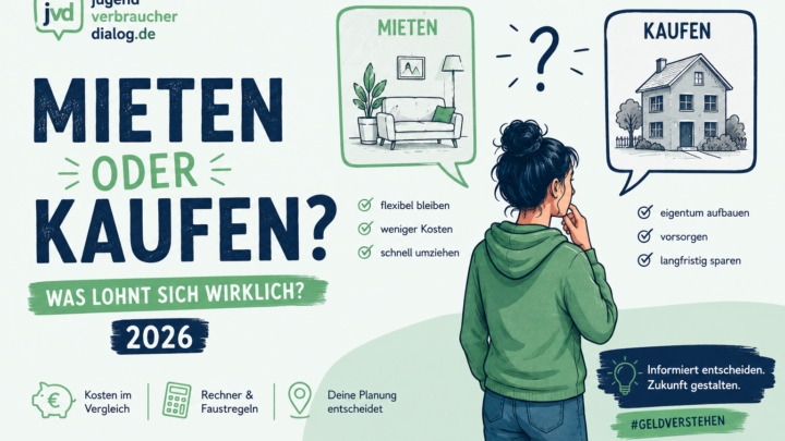 Infografik zur Entscheidung mieten oder kaufen 2026 mit Vergleich von Wohnung mieten und Haus kaufen